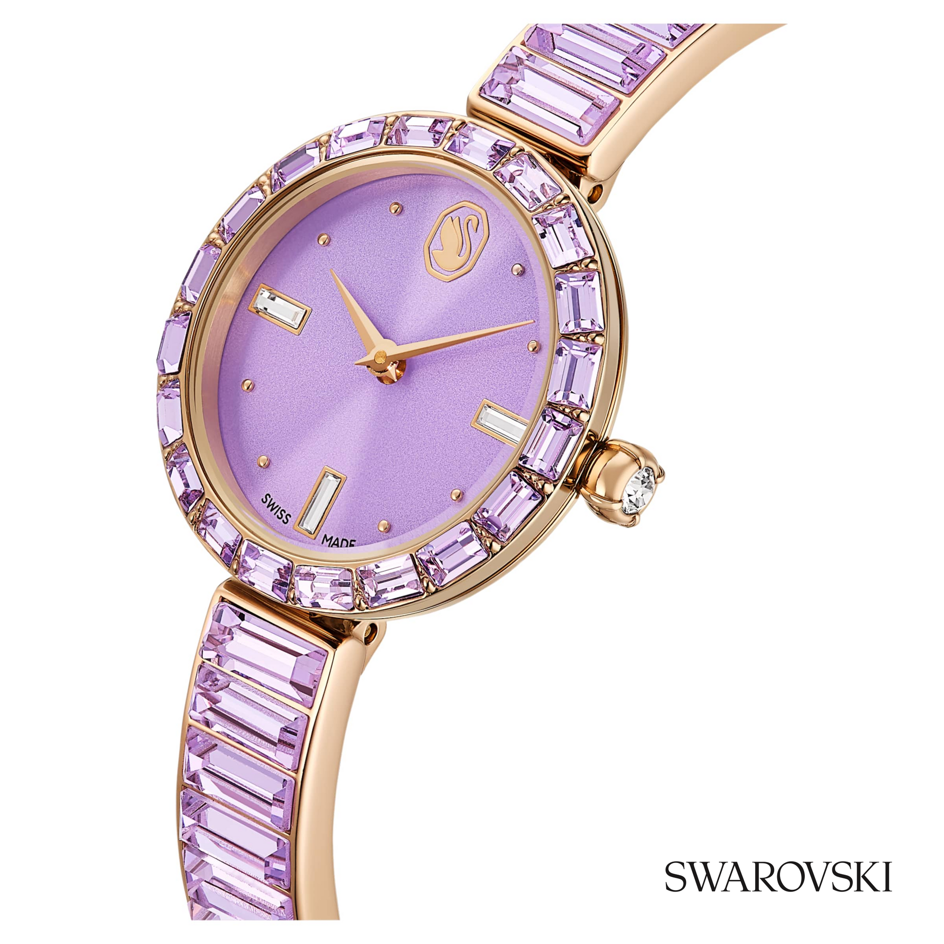 Matrix bangle watch, Swiss Made, Crystal bracelet, Purple, Champagne gold-tone finish