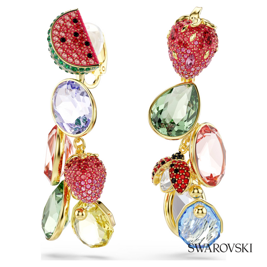 Idyllia clip earrings, Mixed cuts, Fruit, Ladybug, Multicolored, 18K gold finish – item 5743818