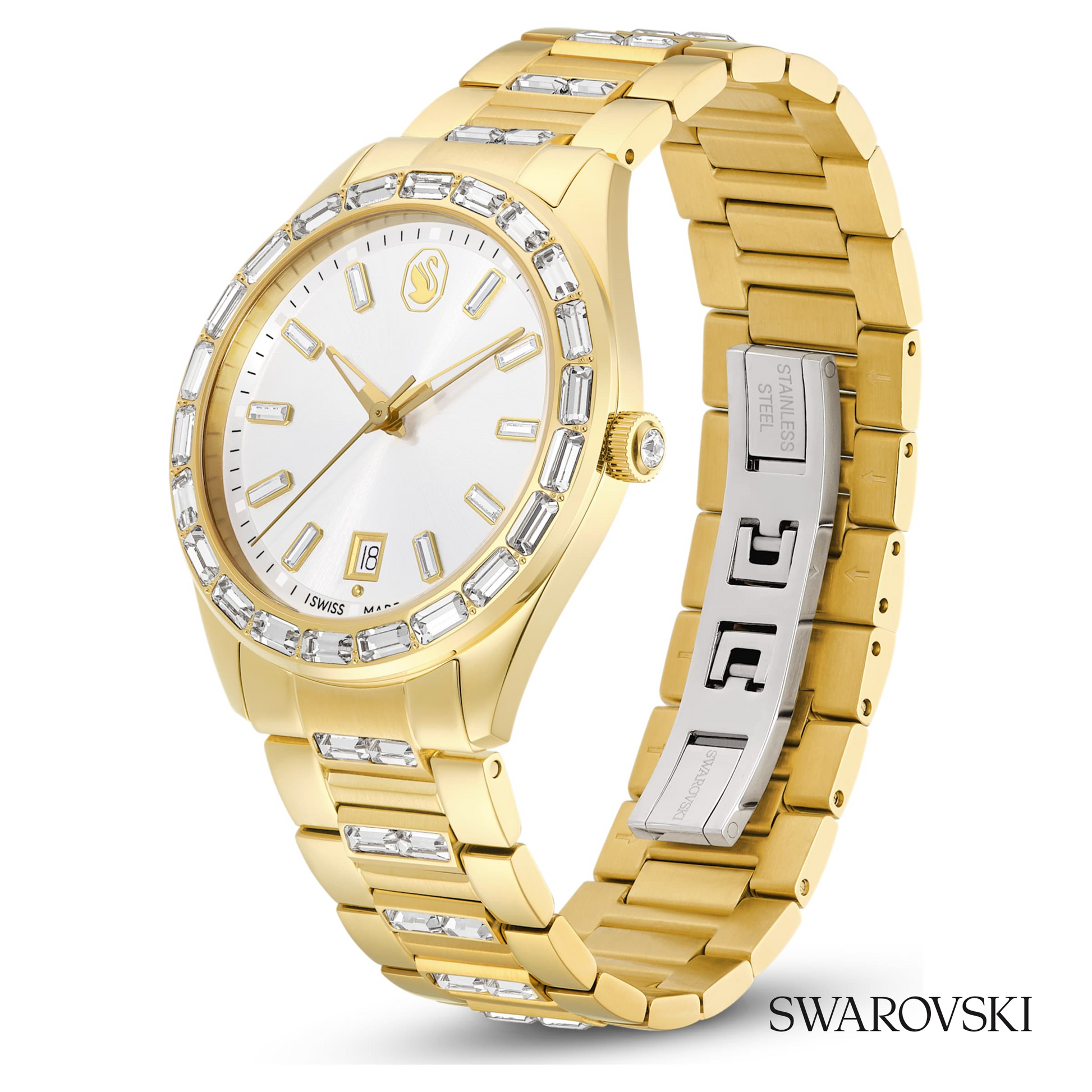 Matrix date watch, Swiss Made, Metal bracelet, Gold tone