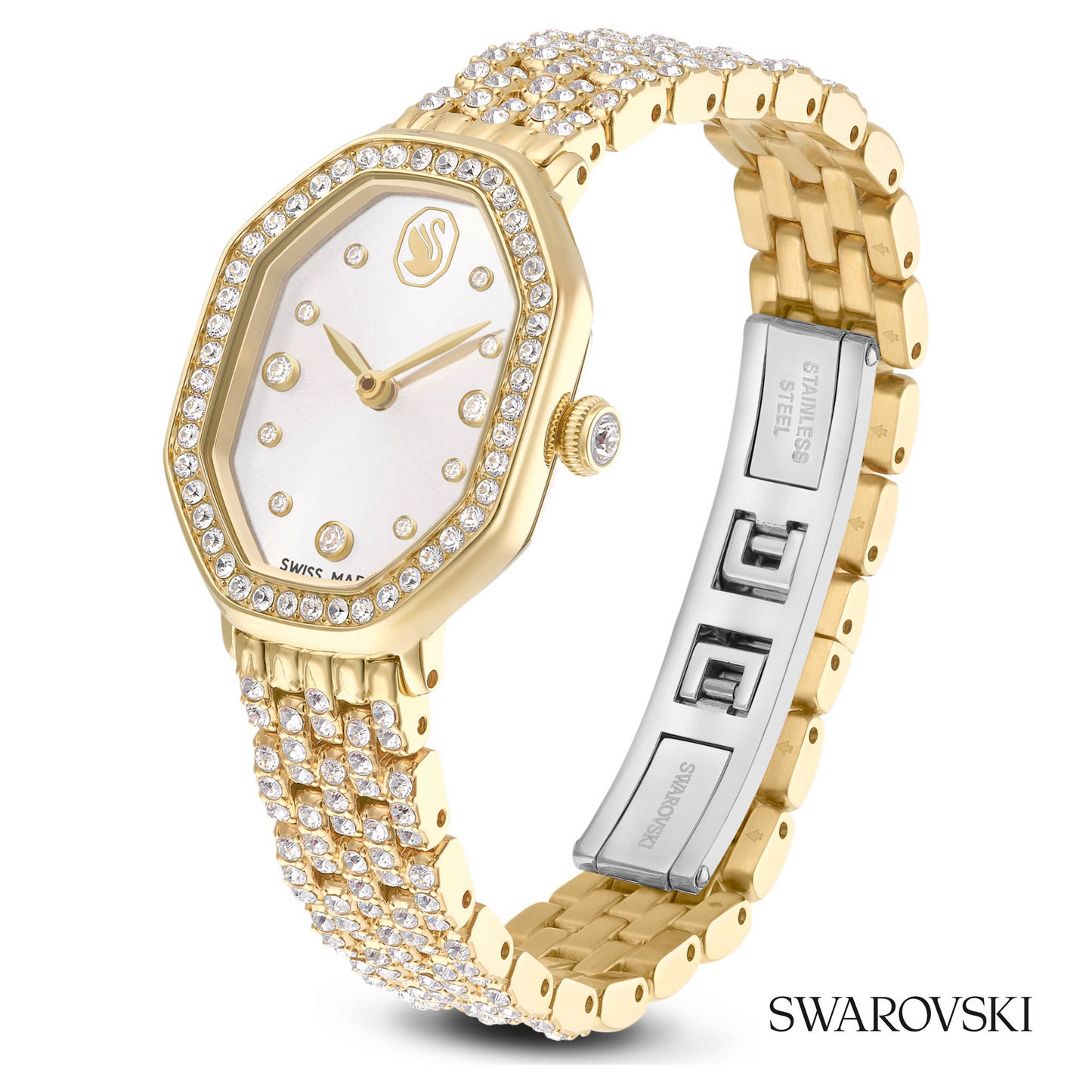 Dextera octagon watch, Swiss Made, Metal bracelet, Gold tone