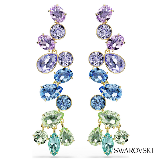 Gema drop earrings, Mixed cuts, Chandelier, Long, Multicolored, 18K gold finish – item 5751294
