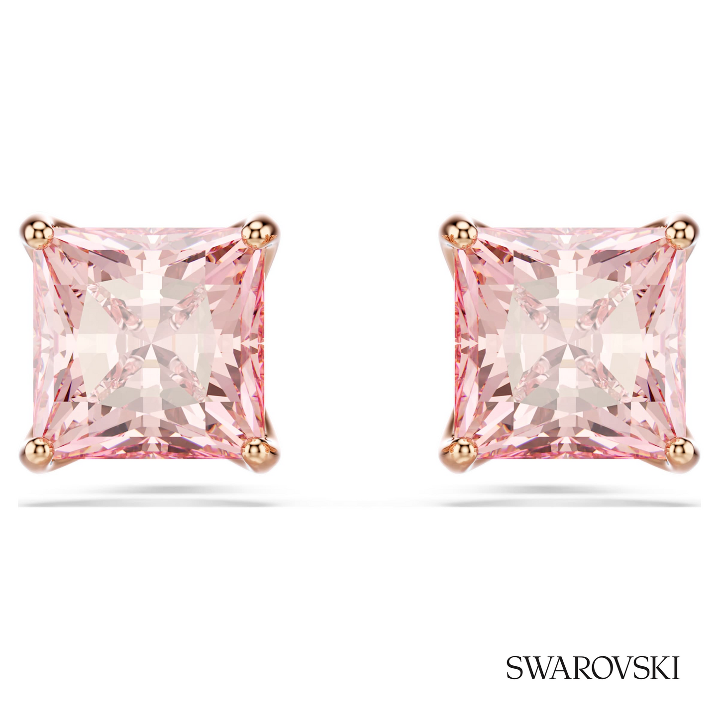 Swarovski Stilla stud earrings, Square cut, Pink, 18K rose – item 5754533