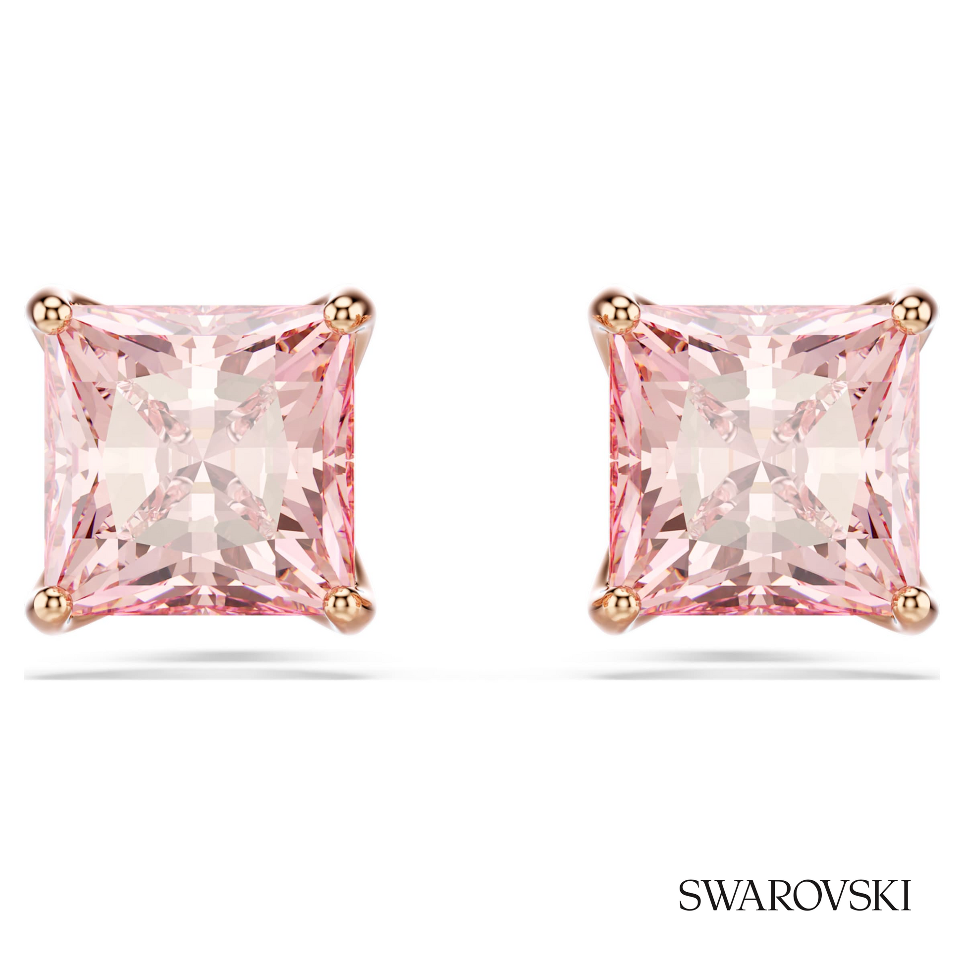 Swarovski Stilla stud earrings, Square cut, Pink, 18K rose – item 5754533