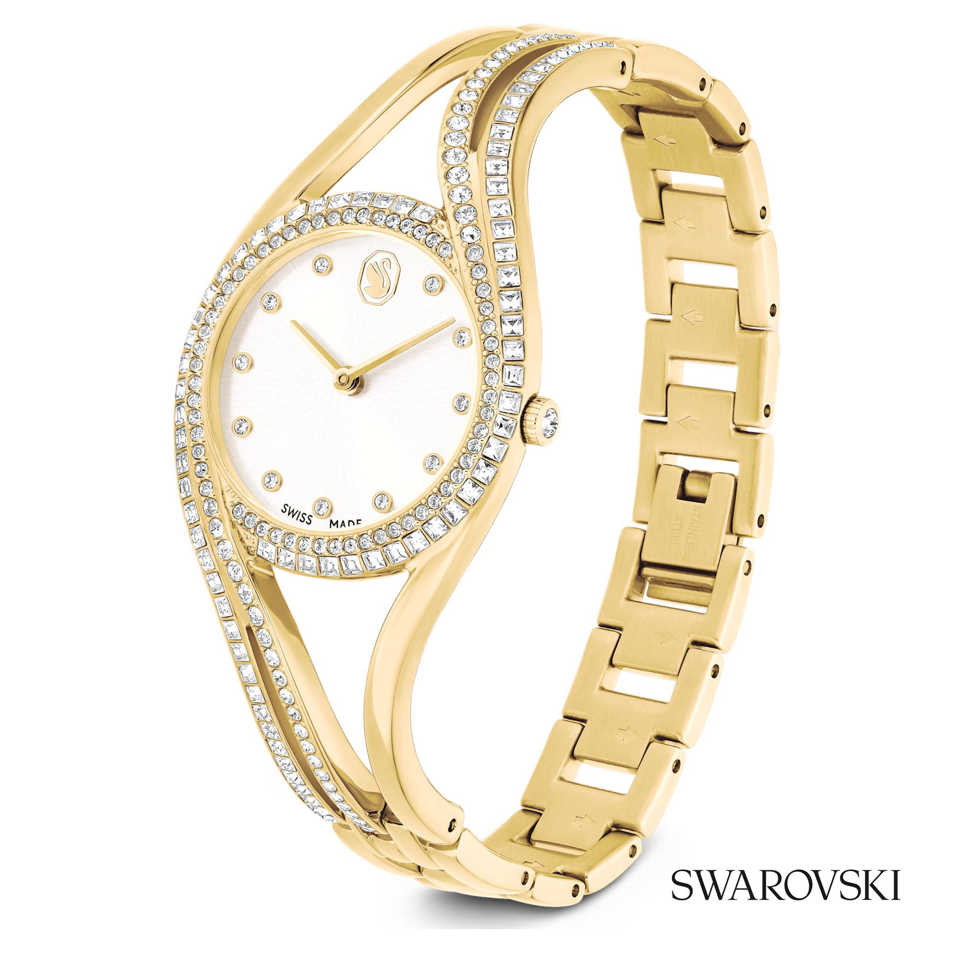 Hyperbola bangle watch, Swiss Made, Metal bracelet, Gold tone