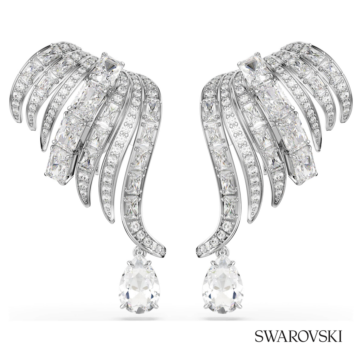 Vienna clip earrings, Mixed cuts, Swan, White, Rhodium plated – item 5755961