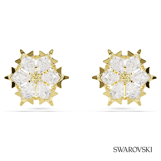 Magic stud earrings, Mixed cuts, Snowflake, White, 18K gold finish – item 5757816