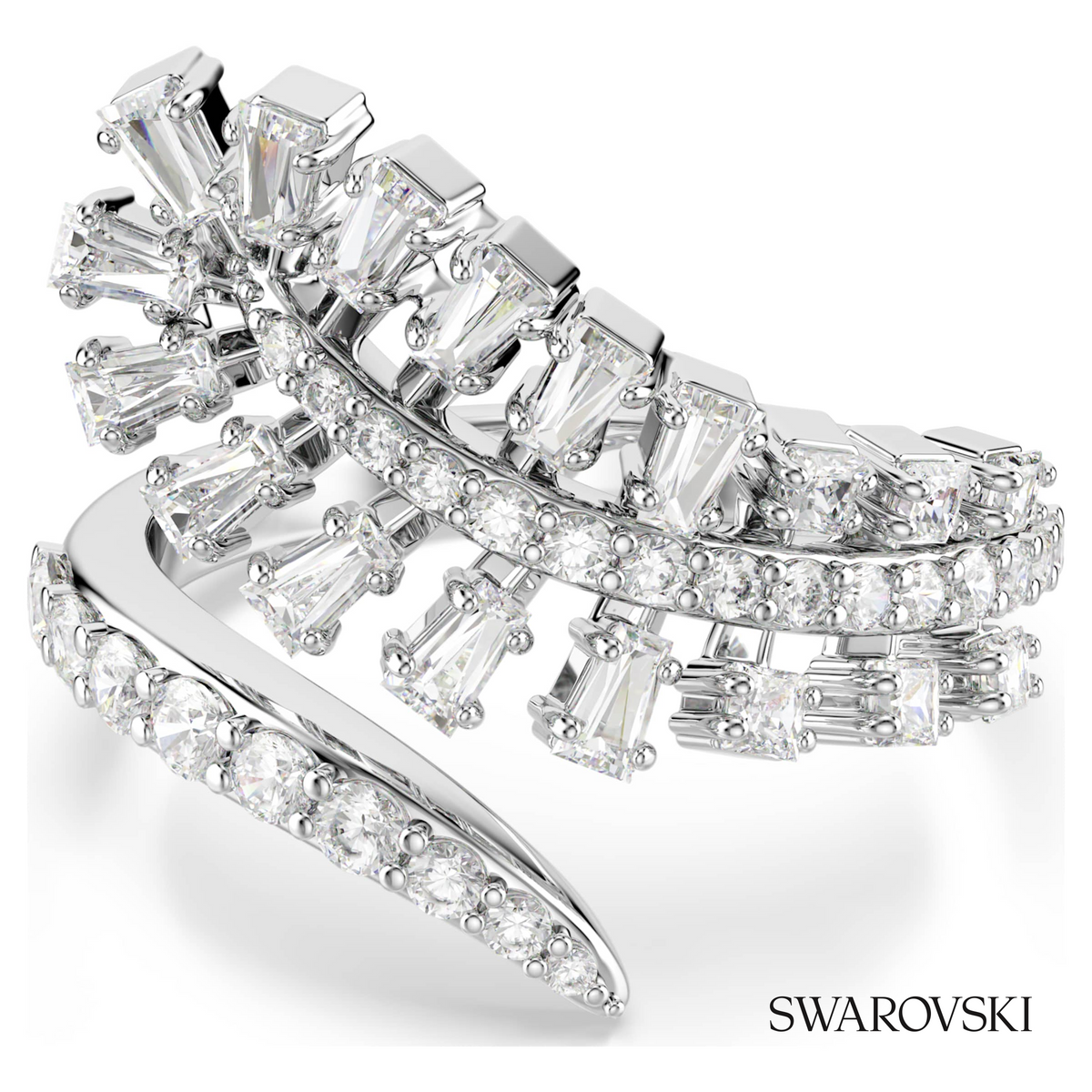Vienna open ring, Mixed cuts, Feather, White, Rhodium plated – item 5757835