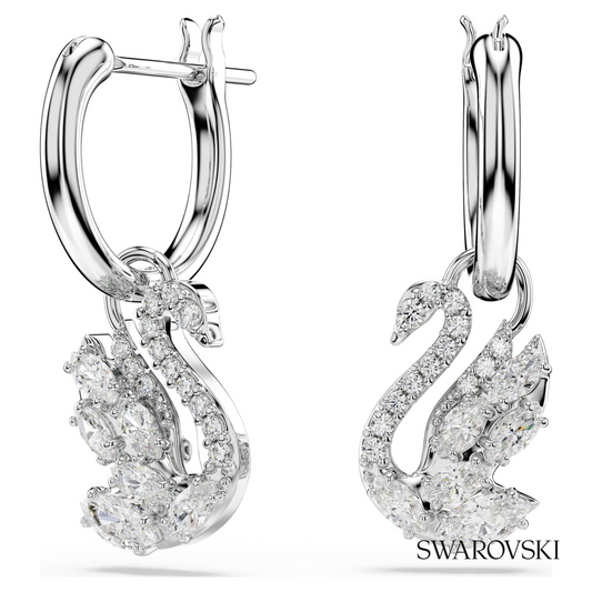 Swan drop earrings, Mixed cuts, Swan, White, Rhodium plated – item 5759942