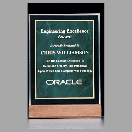 6" x 8.625" Emerald Marble Acrylic Award w/ Walnut Base – item A4268EM