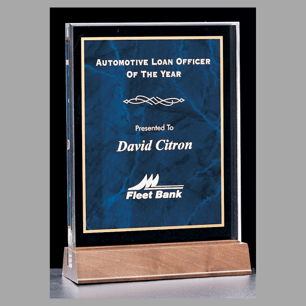 7" x 9.625" Sapphire Marble Acrylic Award w/ Walnut Base – item A4379SA