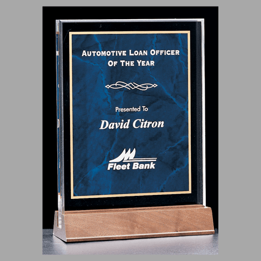 7" x 9.625" Sapphire Marble Acrylic Award w/ Walnut Base – item A4379SA