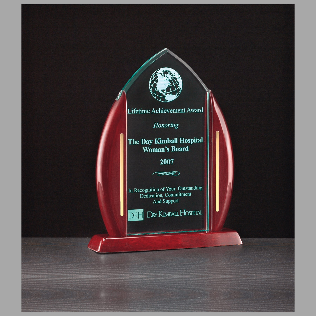 7 1/2" x 9 5/8" Flame Jade Acrylic with Rosewood Piano Finish Base and Posts, Gold Metal Accents — A6802