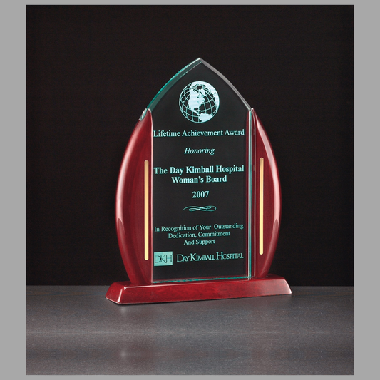 7 1/2" x 9 5/8" Flame Jade Acrylic with Rosewood Piano Finish Base and Posts, Gold Metal Accents — A6802