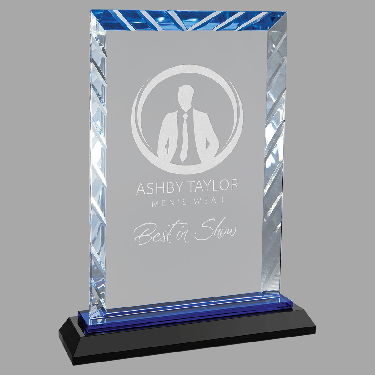 8" Clear Rectangle Accent Glass on Black and Blue Reflective Base — ACG53BU