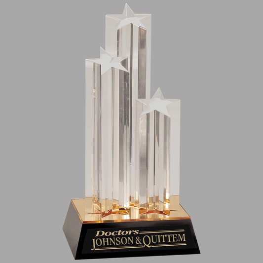 11 3/4" Clear Triple Star Column Acrylic with Gold/Black Base — ASC311