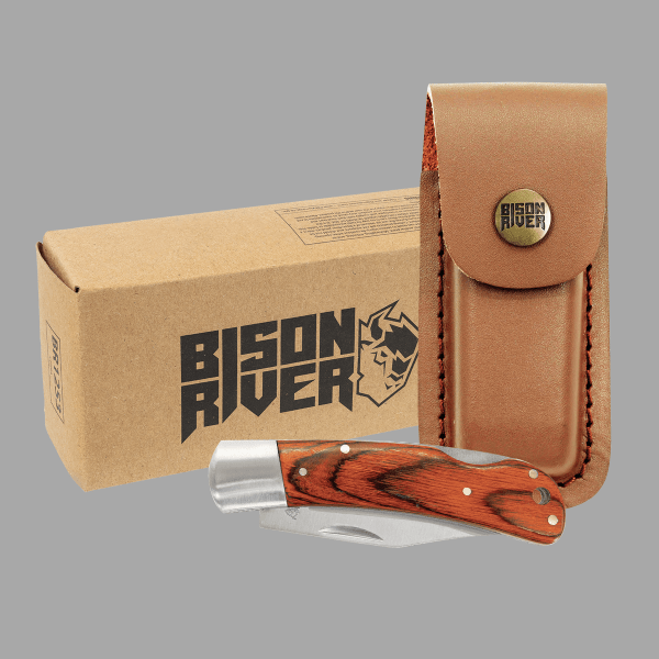 Bison River Wood Handle Folding Knife with Leather Sheath – item BR1253