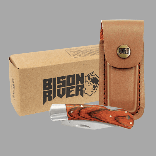 Bison River Wood Handle Folding Knife with Leather Sheath – item BR1253