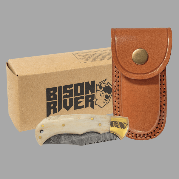 Bone Folding Knife with Damascus Steel Blade and Leather – item BR1752