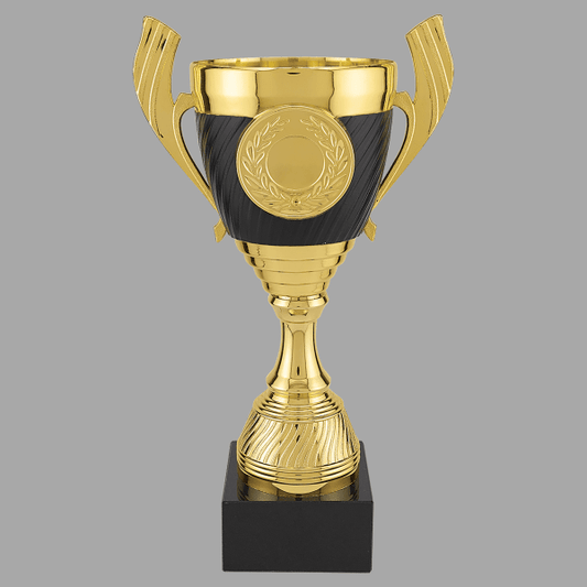 10.75" Gold 301 Series Plastic Cup Trophy with Black Base – item CPC301G