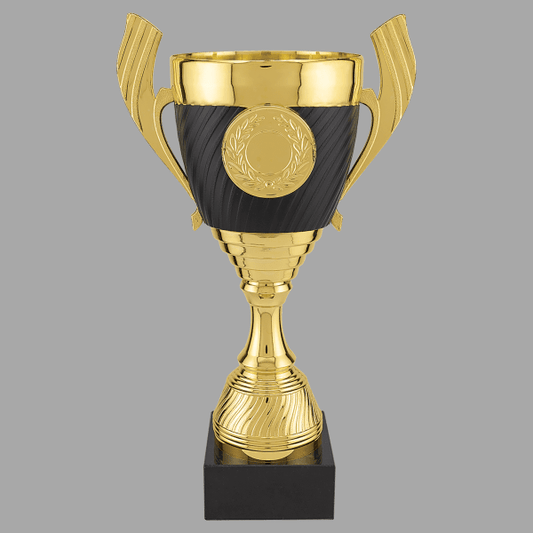 12.5" Gold 302 Series Plastic Cup Trophy with Black Base – item CPC302G
