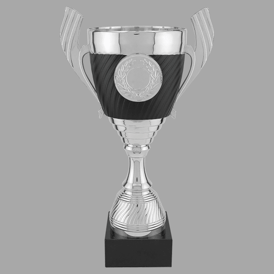 12.5" Silver 302 Series Plastic Cup Trophy with Black Base – item CPC302S