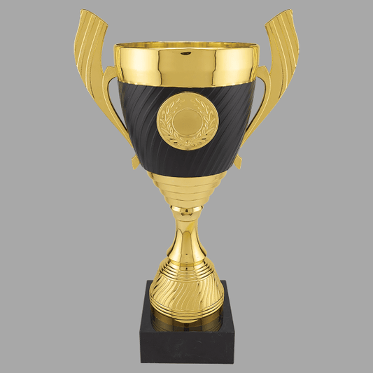 14.25" Gold 303 Series Plastic Cup Trophy with Black Base – item CPC303G