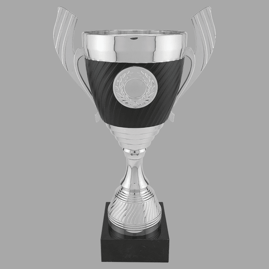 14.25" Silver 303 Series Plastic Cup Trophy with Black Base – item CPC303S