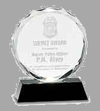 6" Round Facet Crystal on Black Pedestal Base Award – item CRY001M