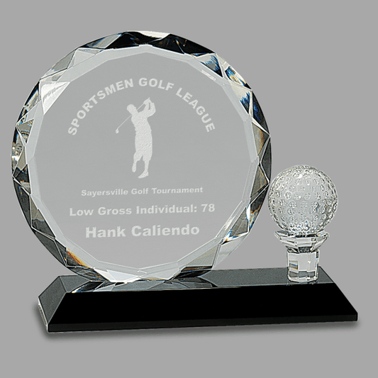 6.5" Rd Crystal with Golf Bal Award – item CRY026L