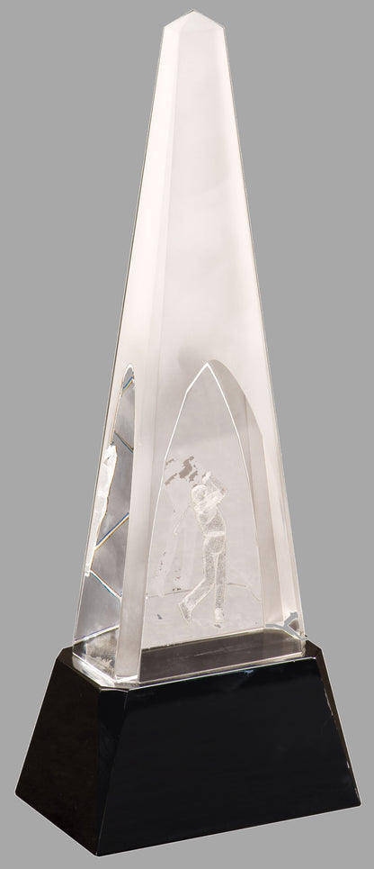 10.25" Clear Crystal 3D Golf Spire on Black Pedestal Award – item CRY054
