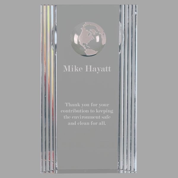4.25" X 7.75 Rectangle with Etch Globe Crystal – item CRY067M