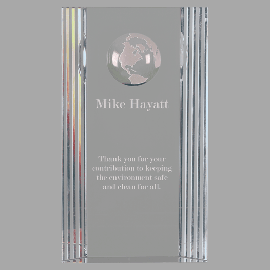 4.25" X 7.75 Rectangle with Etch Globe Crystal – item CRY067M