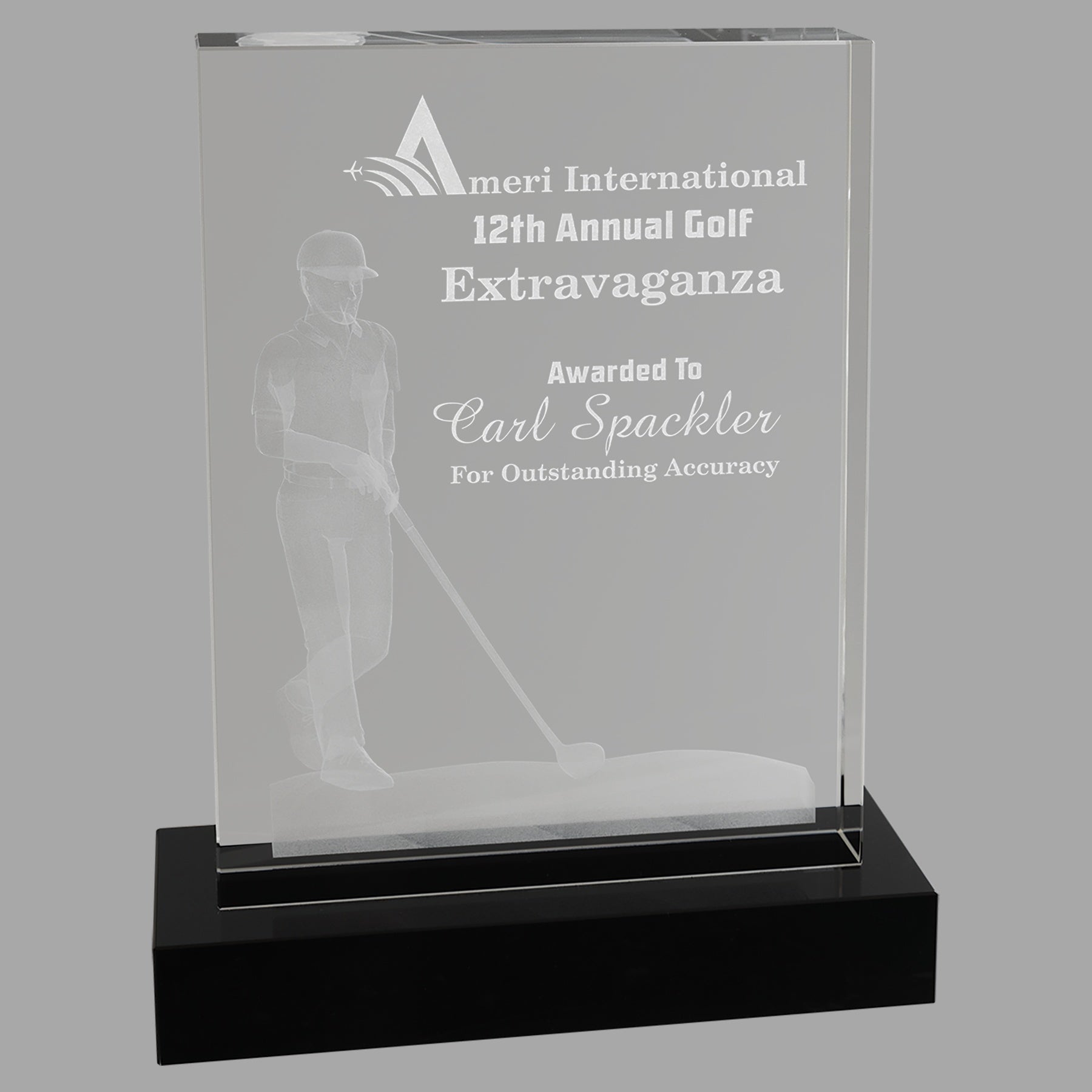 6.25" x 8" Crystal 3D Male Golf Award – item CRY1215
