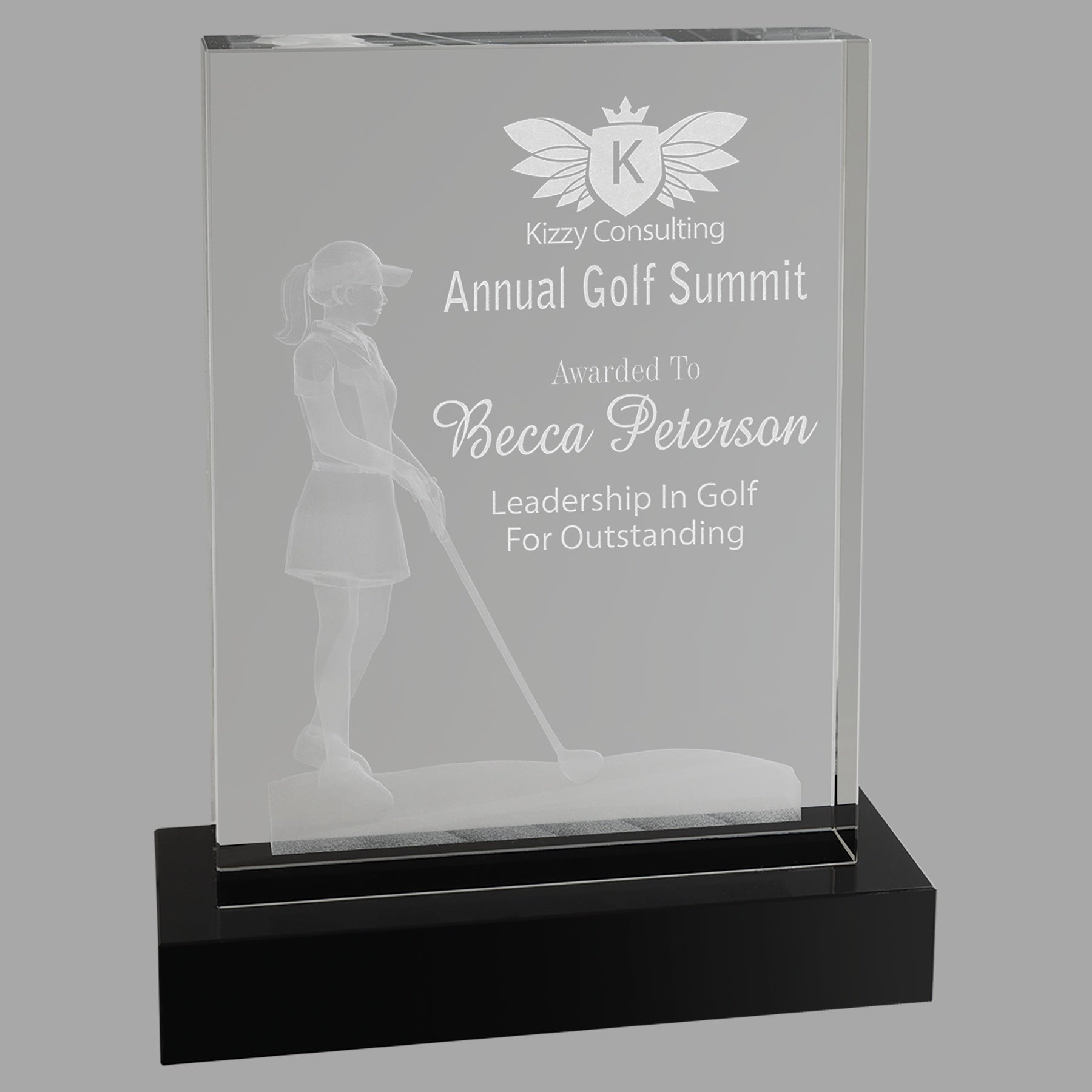 6.25" x 8" Crystal 3D Female Golf Award – item CRY1216