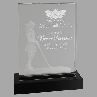 6.25" x 8" Crystal 3D Female Golf Award – item CRY1216