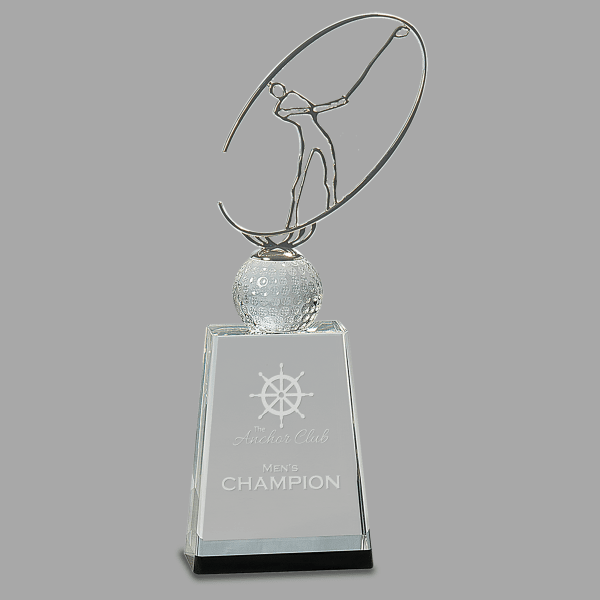 12" Crystal Glf Award with Mtl Oval – item CRY146L