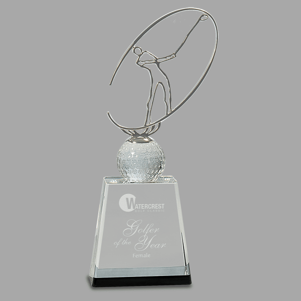 11" Crystal Glf Award with Mtl Oval – item CRY146M