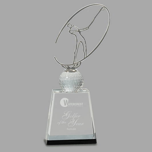 11" Crystal Glf Award with Mtl Oval – item CRY146M