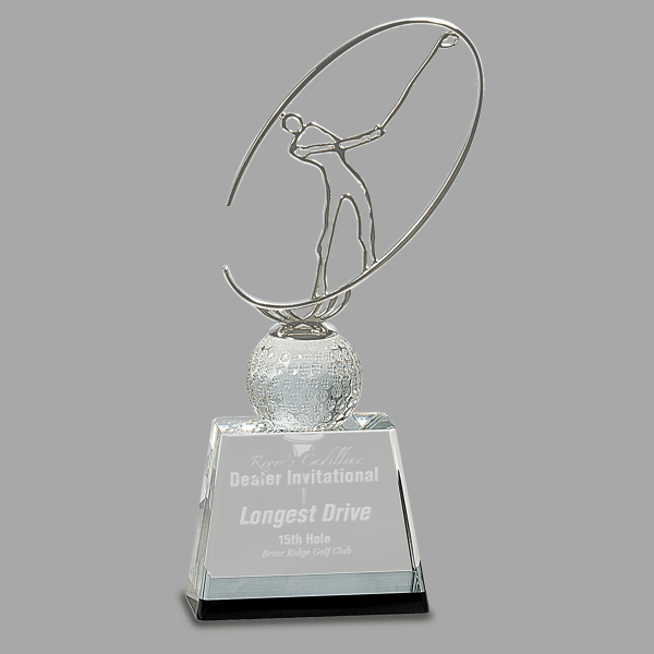 10" Crystal Glf Award with Mtl Oval – item CRY146S