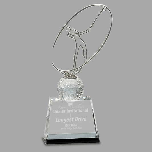 10" Crystal Glf Award with Mtl Oval – item CRY146S