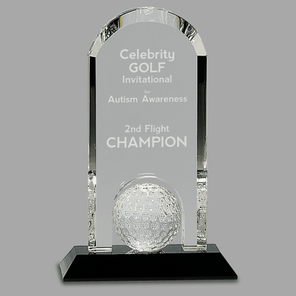 9" Clear Crystal Dome w/ Inset Golf Ball on Black Base Award – item CRY308 image 2