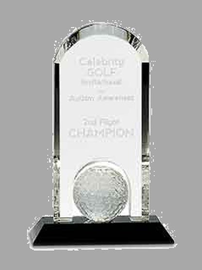 9" Clear Crystal Dome w/ Inset Golf Ball on Black Base Award – item CRY308