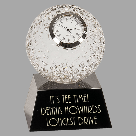 5" Clear Crystal Golf Ball Clock with Black Pedestal Base — CRY6101L