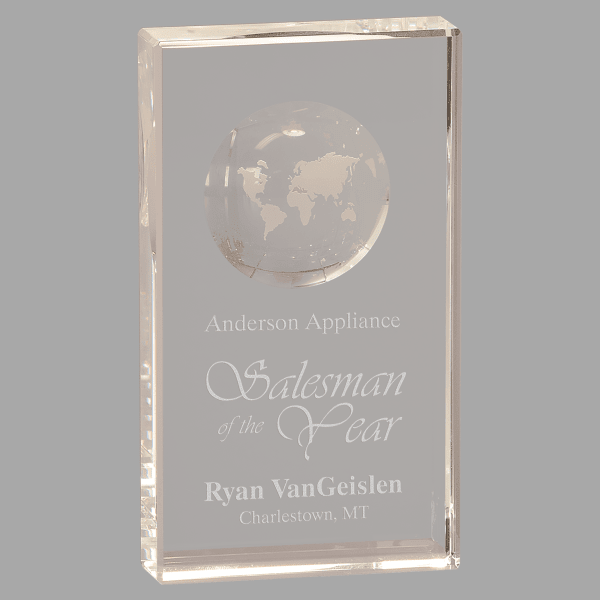 7" Crystal Rectangle with Globe Etch – item CRY6524L
