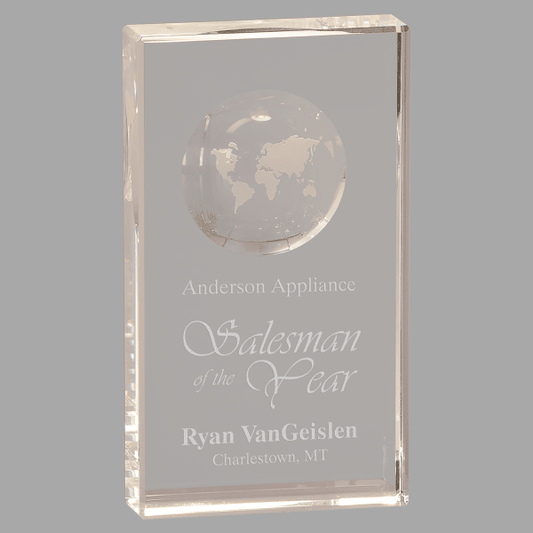 7" Crystal Rectangle with Globe Etch – item CRY6524L