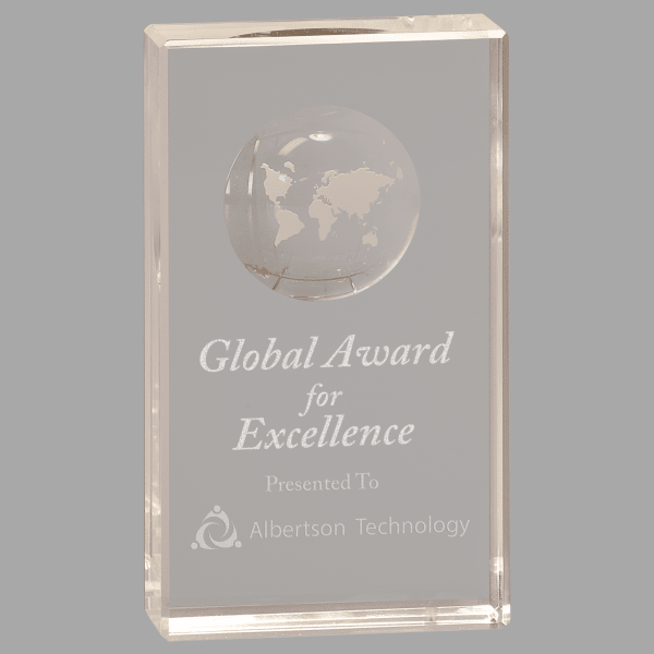 6" Crystal Rectangle with Globe Etch – item CRY6524M