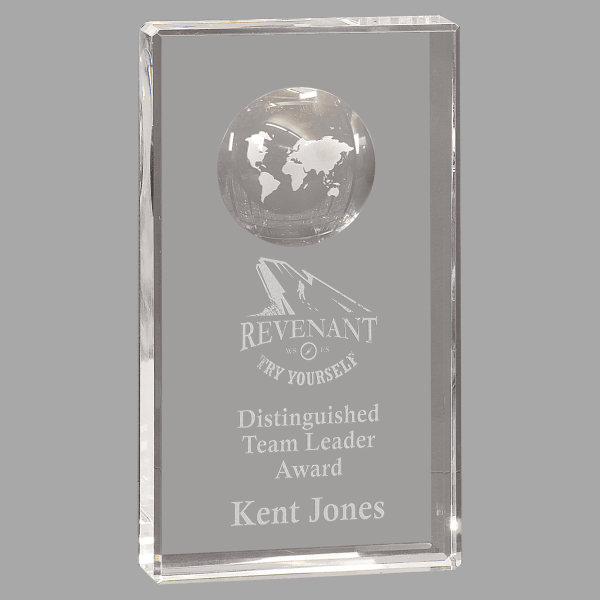 8" Crystal Rectangle with Globe Etch – item CRY6524XL