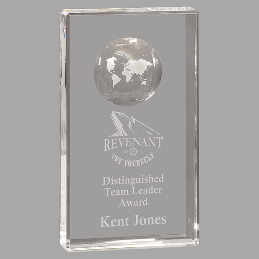 8" Crystal Rectangle with Globe Etch – item CRY6524XL