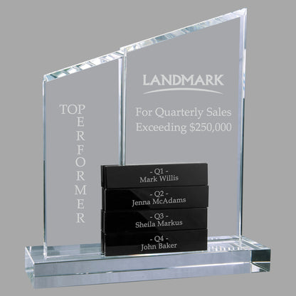 8" x 9" 4 Crystal Perpetual Standup on Clear Base Award – item CRY7022BK