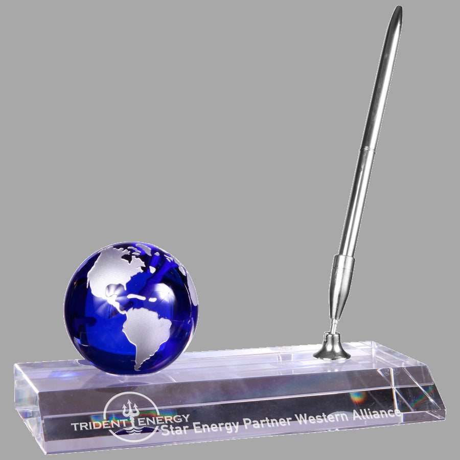 7" x 3" Blue Crystal Globe w/ Base & Pen Award – item CRY7211 image 2